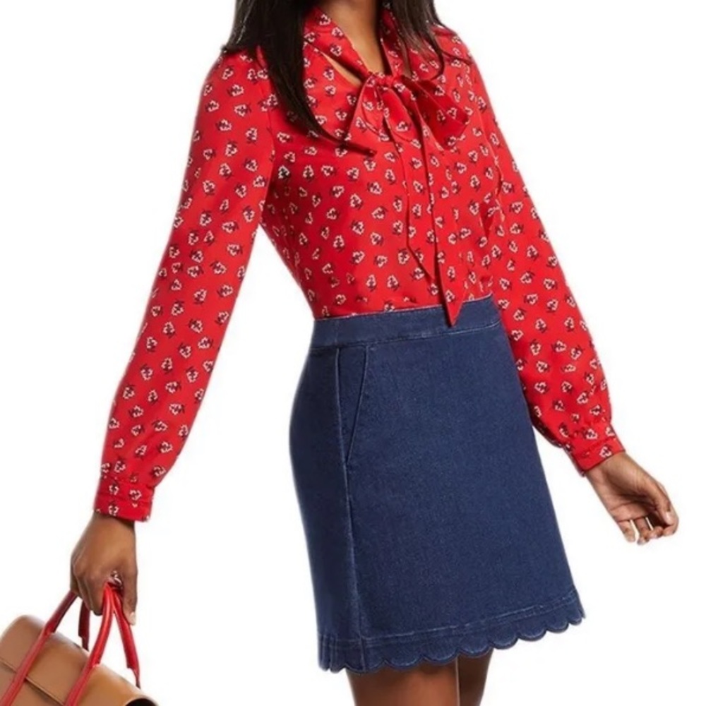 Draper James Floral Tie Neck Blouse Red Long Sleeve Large